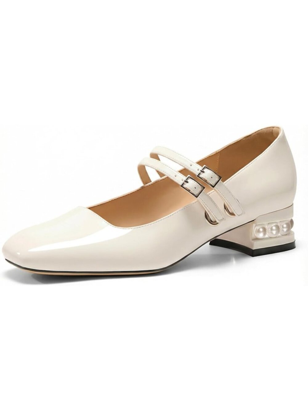 Women's Pearl White Mary Jane Low Heels Closed Square Toe Double Strap Shoes